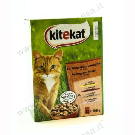 Pollo, manzo, anatra e salmone Kitekat simpatica canaglia gr.100 X 12