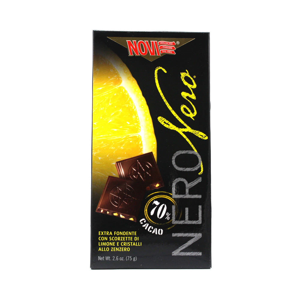 Tavoletta cioccolato nero Novi cacao fondente al 70% con scorza limone e zenzero gr.75