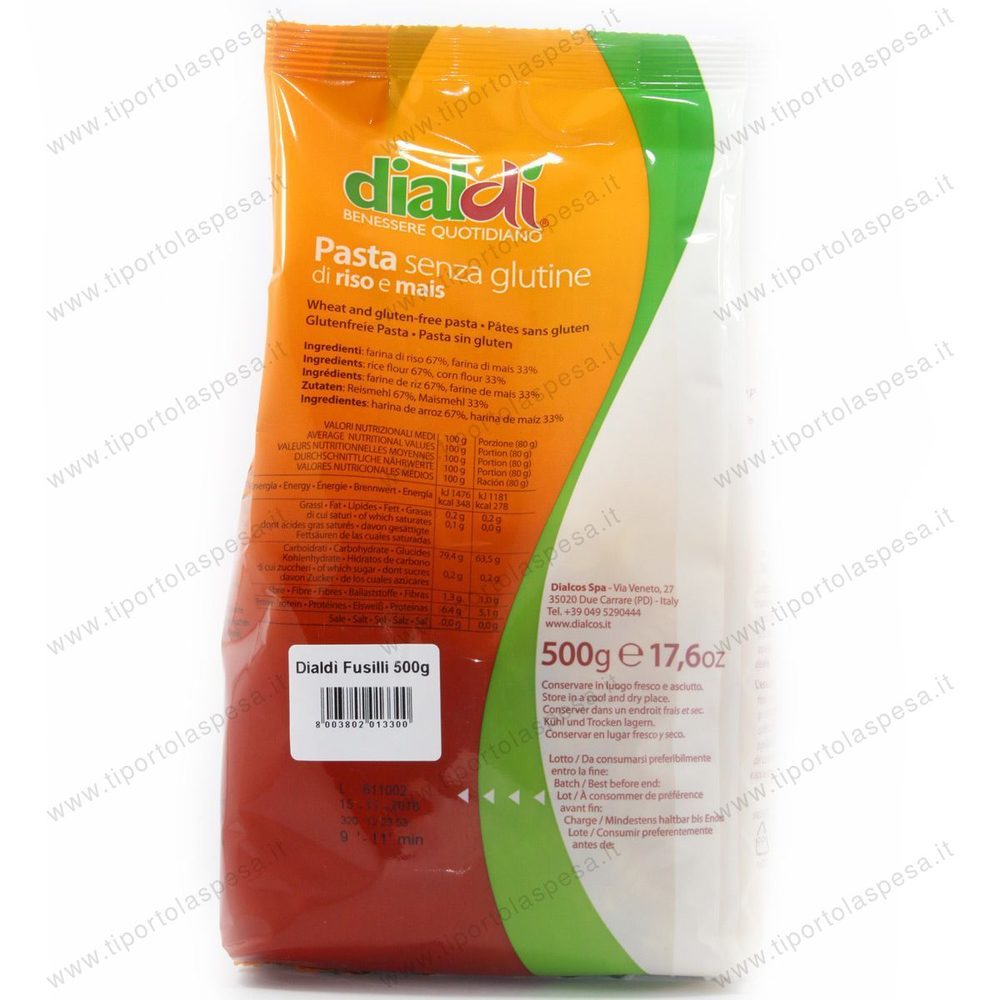 Pasta di riso e mais fusilli Dialdì no glutine, vegano gr.500 - immagine 3