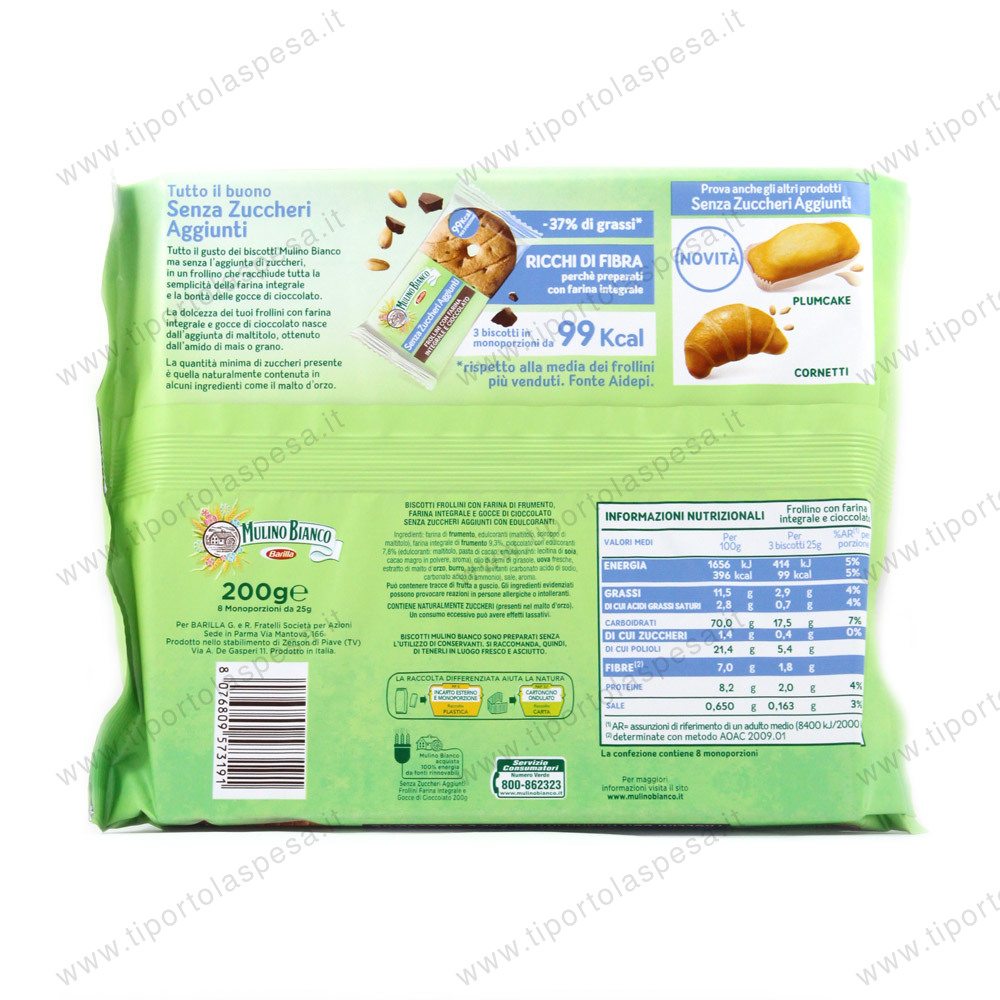 Frollini farina integrale gocce cioccolato senza zuccheri aggiunti Mulino Bianco Barilla gr.200 - immagine 2