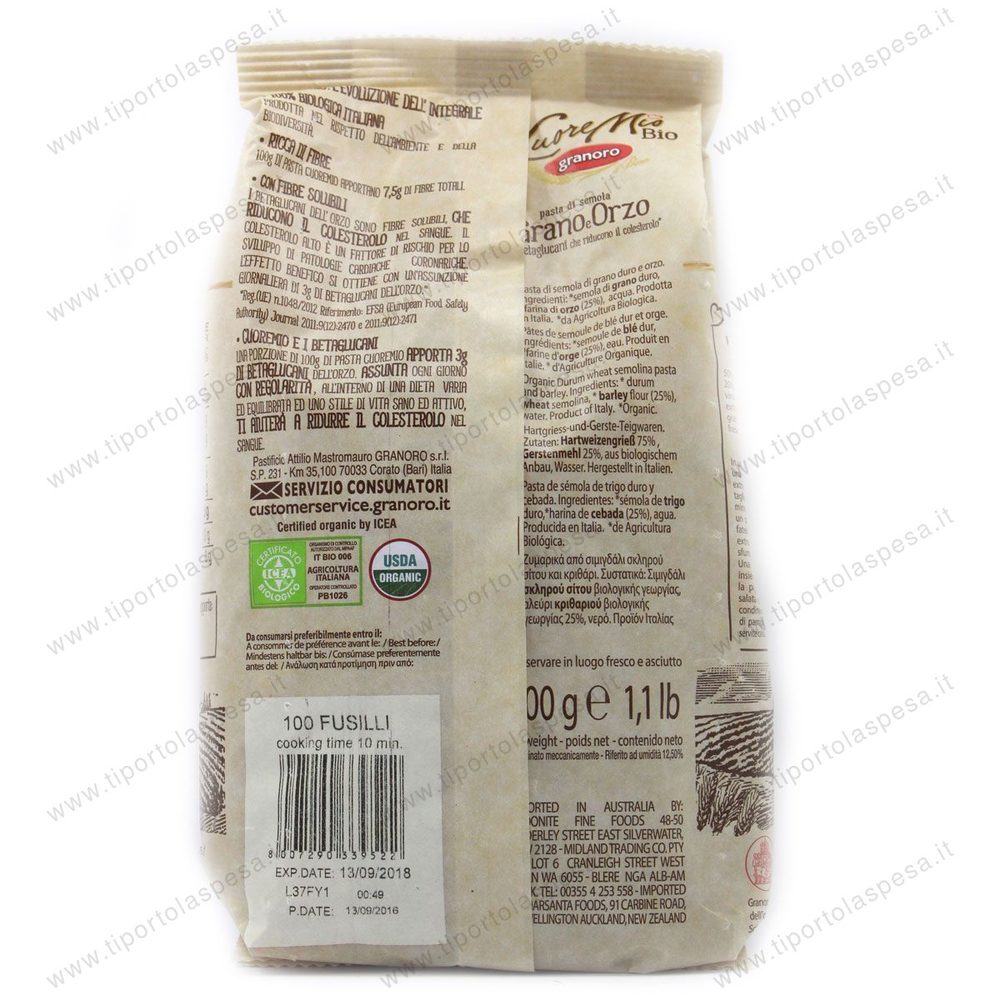 Pasta semola fusilli grano e orzo cuore mio Granoro - immagine 2