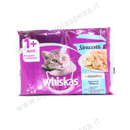 Straccetti Whiskas in gelatina salmone tonno merluzzo e pesce bianco gr.85 x 4
