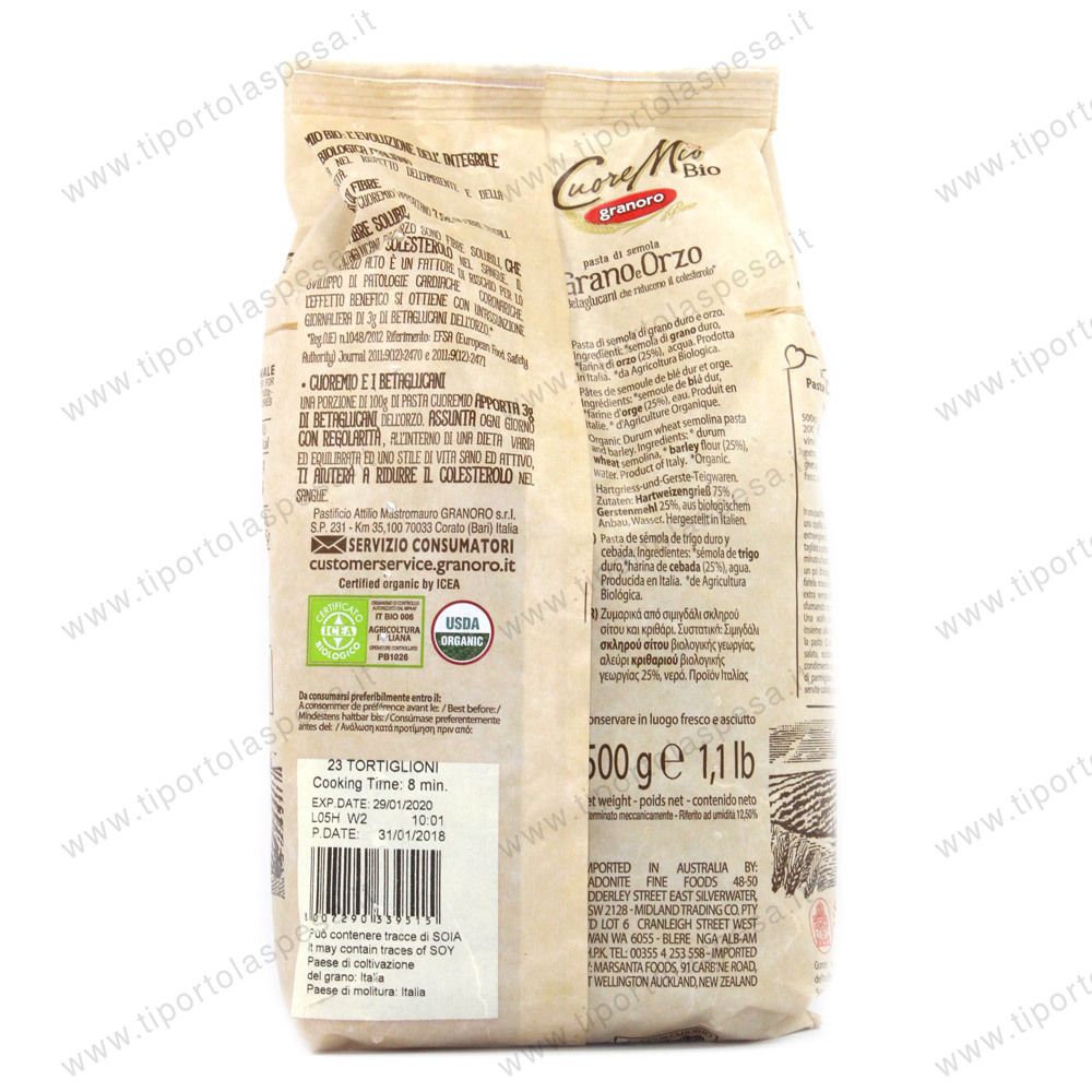 Pasta semola tortiglioni grano e orzo Cuore Mio Granoro Bio gr.500 - immagine 2