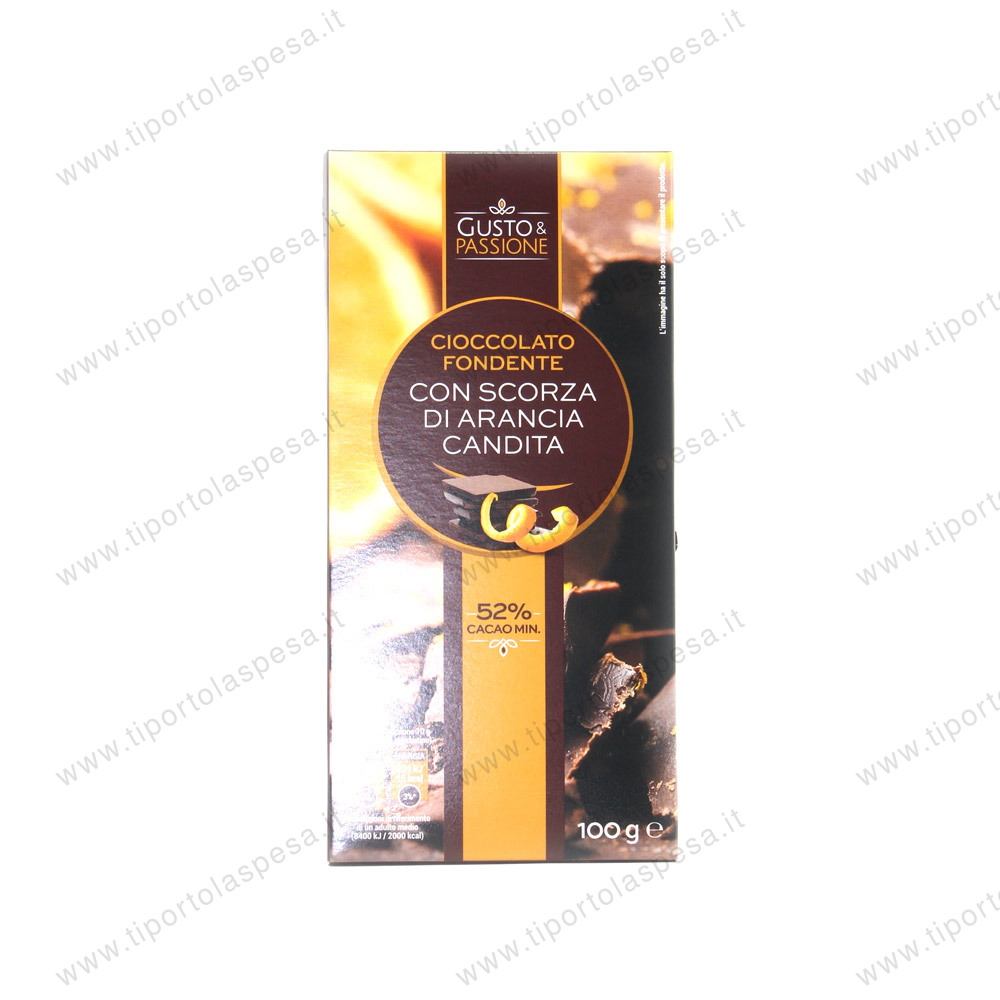 Tavoletta cioccolato fondente con scorza di arancia candita gr.100 linea Gusto & Passione