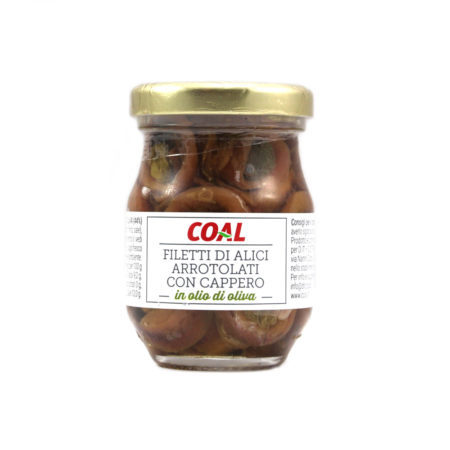 Filetti alici arrotolati con cappero in olio di oliva linea Coal gr.90