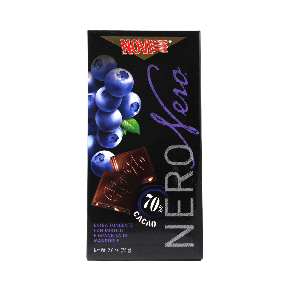 Tavoletta cioccolato Nero Novi 70% cacao fondente, mirtilli e granella di mandorle gr.75