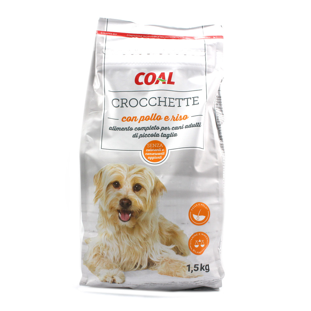 Crocchette per cani adulti di piccola taglia con pollo e riso kg.1,5 linea Coal